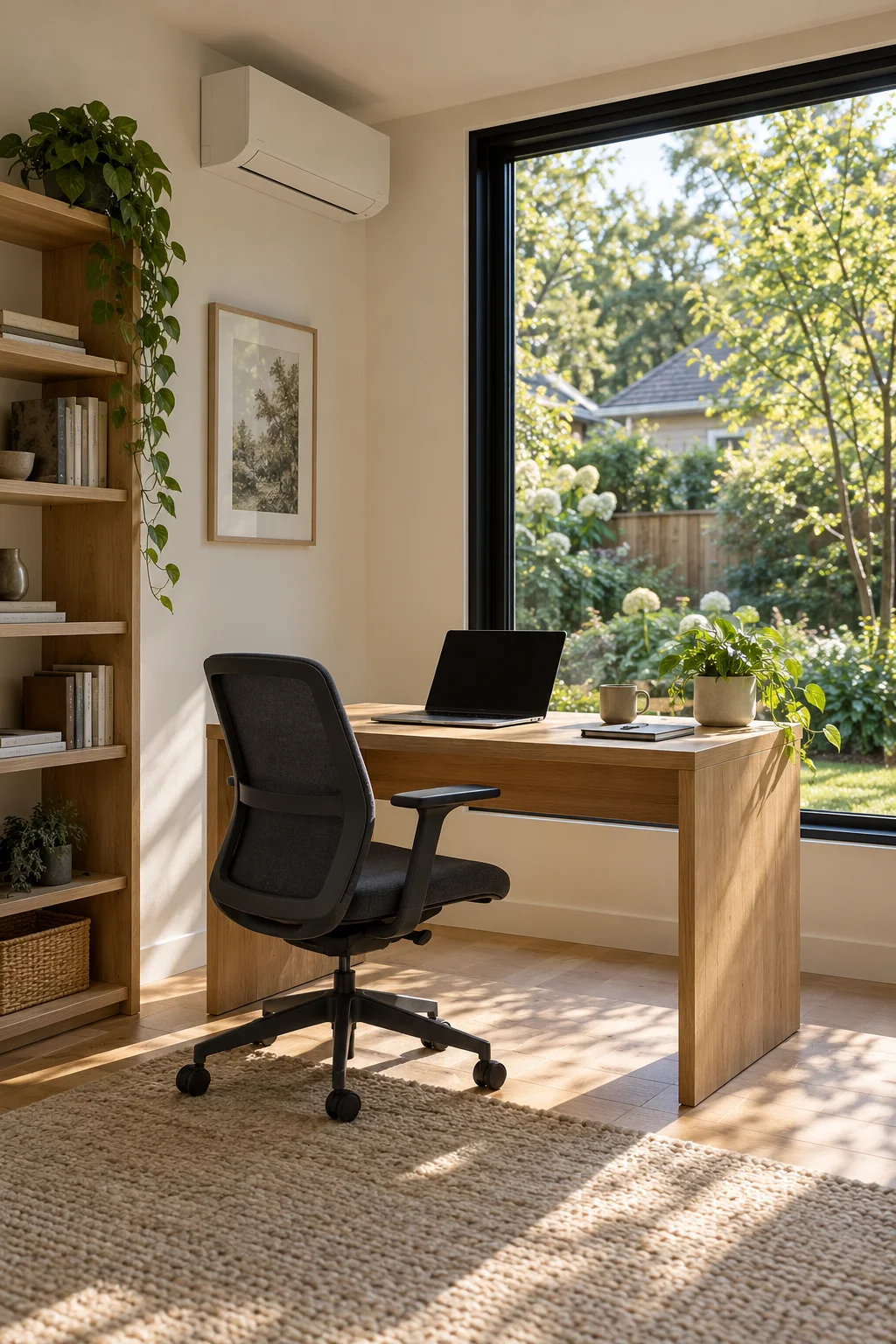 Conceptual finished backyard office interior with a desk beside a window